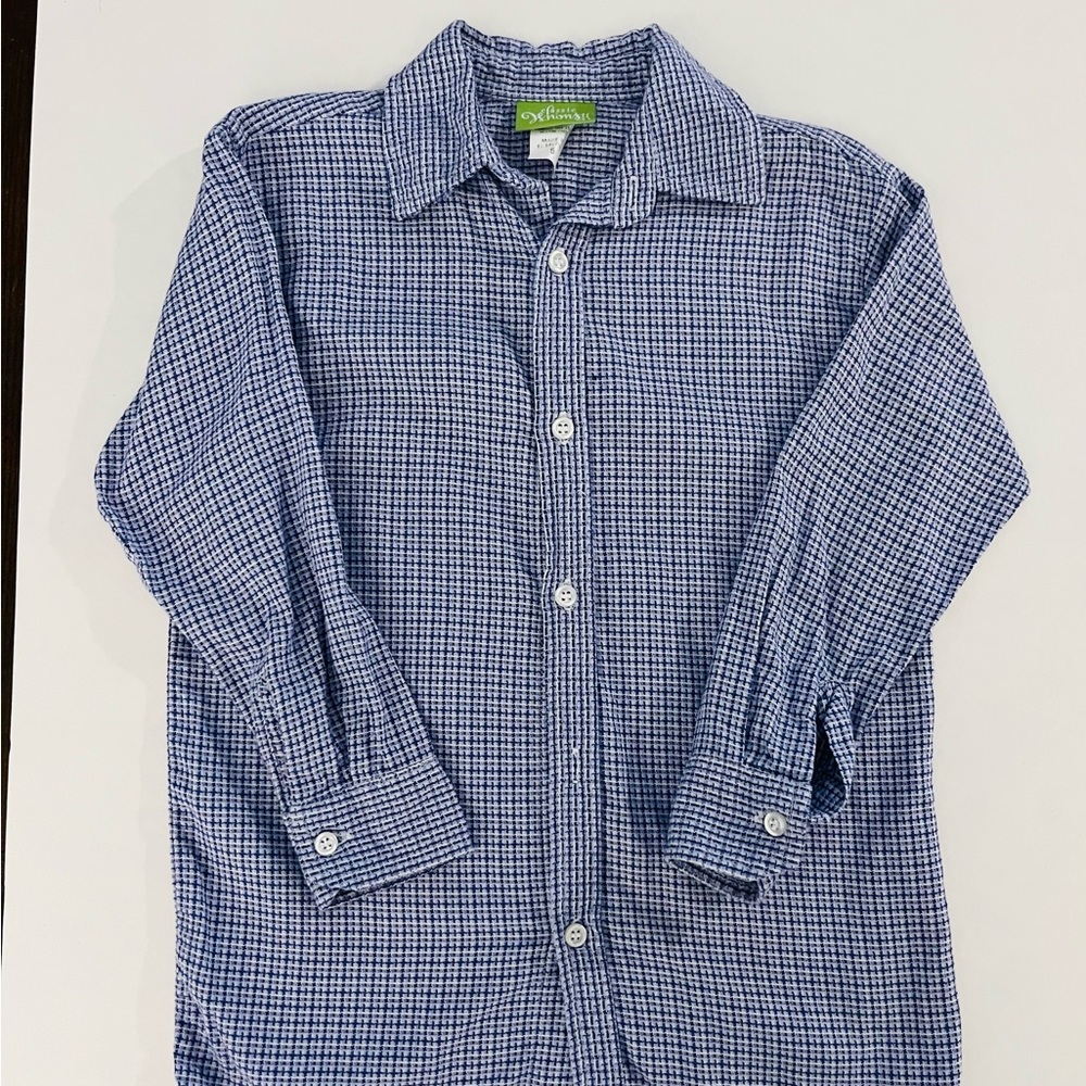 Boys - Classic Whimsy blue plaid button down shirt. Size 5